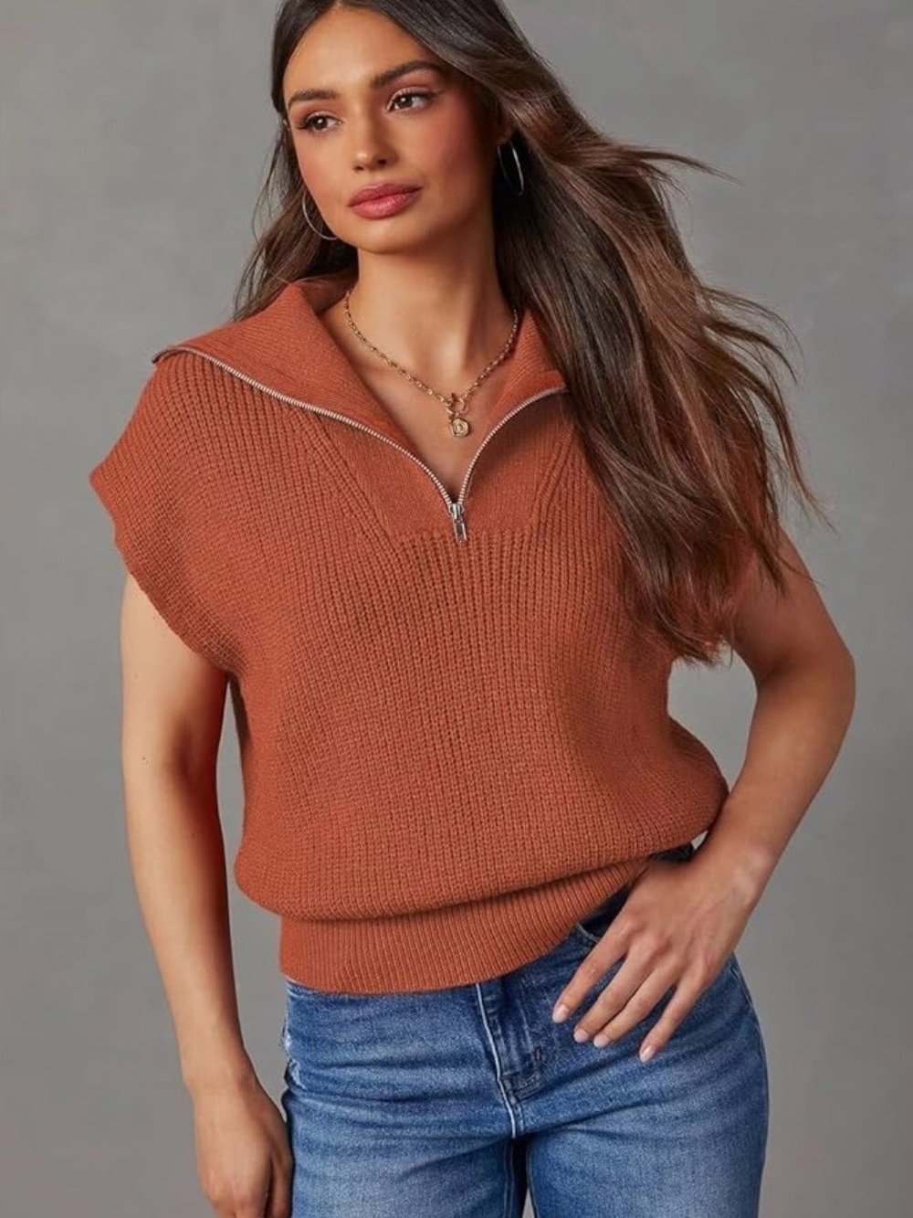 Sleeveless Half-Zip Knit Sweater Vest in Rust